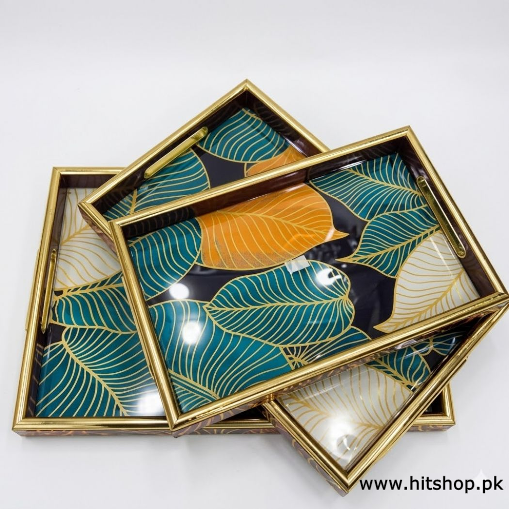 fancy 3 piece gold aesthetic leaf look serving tray set imported
